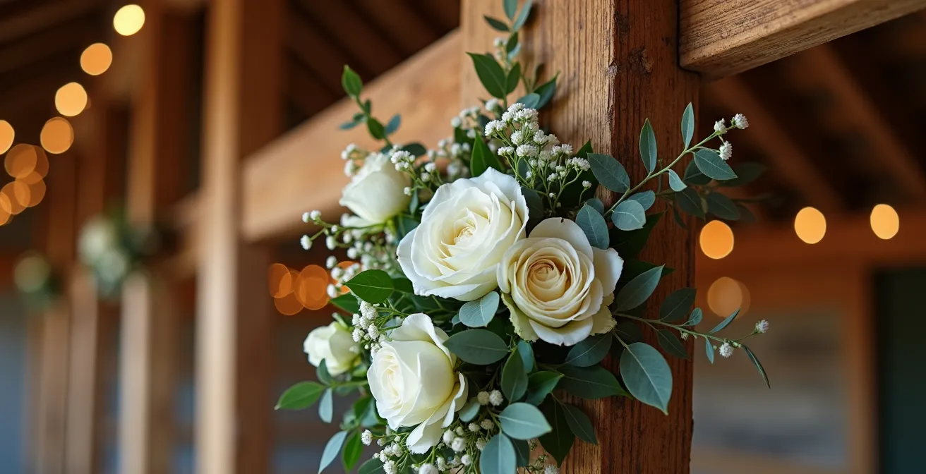 Suspension florale accrochée aux poutres d'une grange rustique avec éclairage intégré