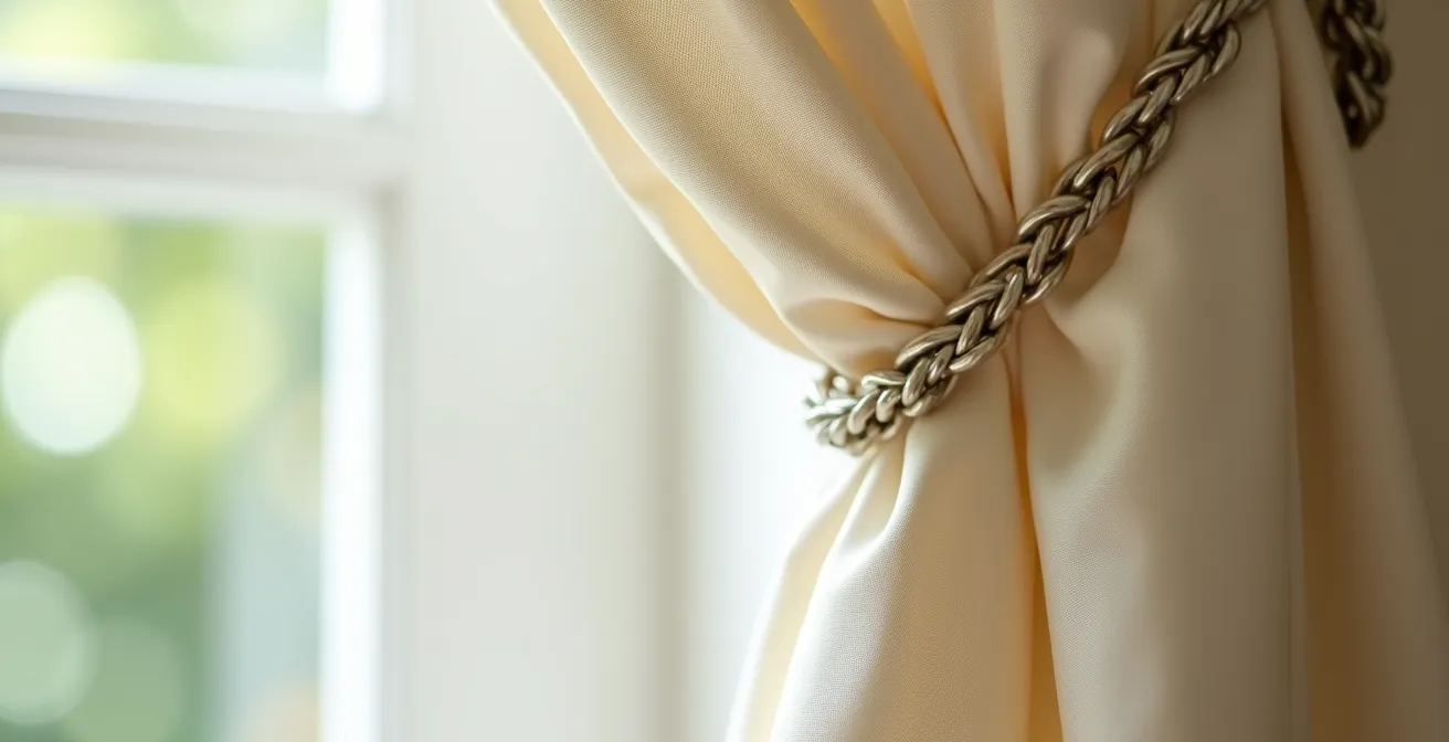 Détail technique montrant la fixation sécurisée de tissus avec système de lestage