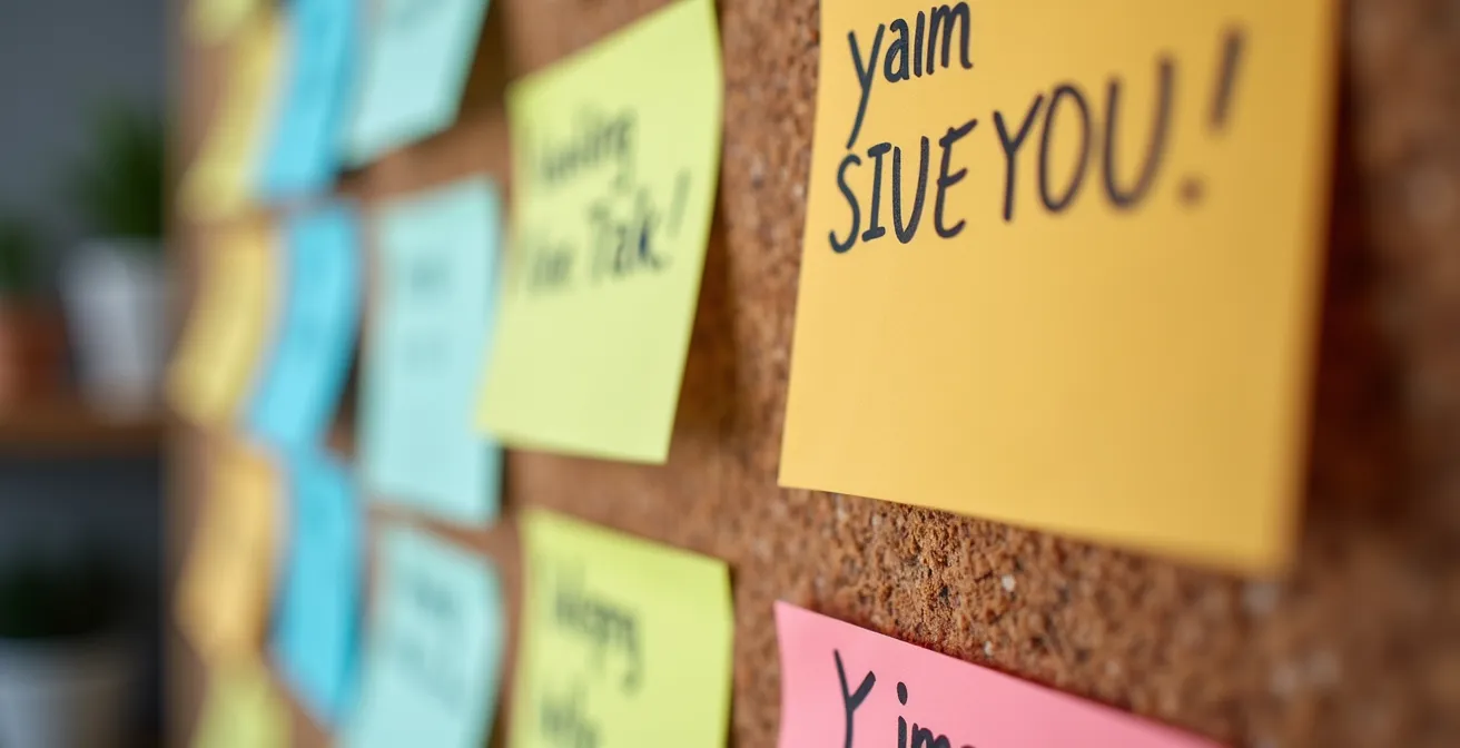 Tableau d'organisation type Kanban pour un mariage avec des post-its colorés