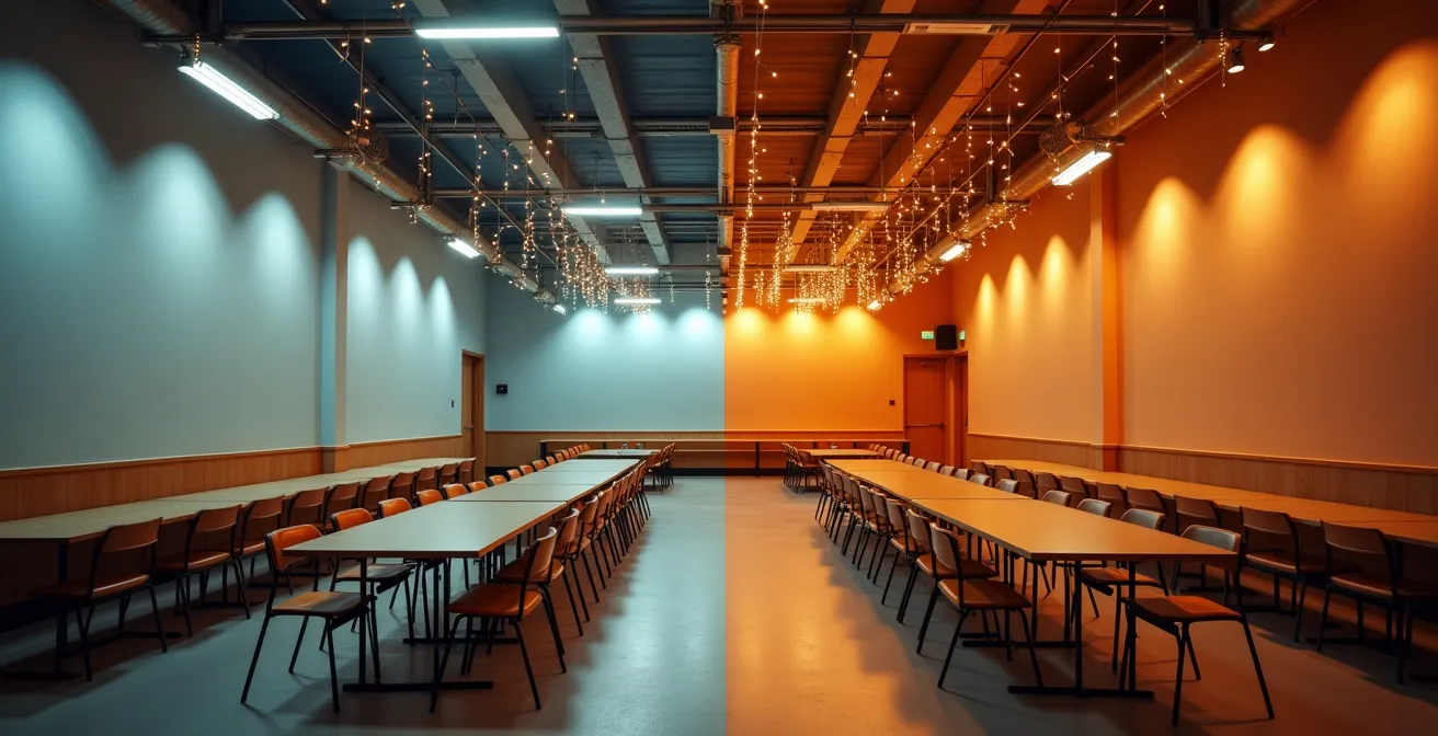 Transformation spectaculaire d'une salle des fêtes basique par un éclairage architectural sophistiqué