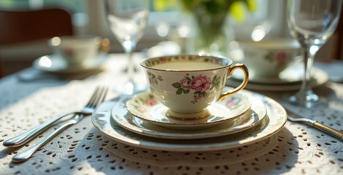 Gros plan sur une table de mariage avec vaisselle ancienne dépareillée et couverts argentés