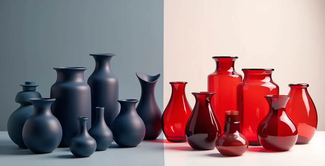 Vases bleus et rouges illustrant le contraste émotionnel entre apaisement et dynamisme