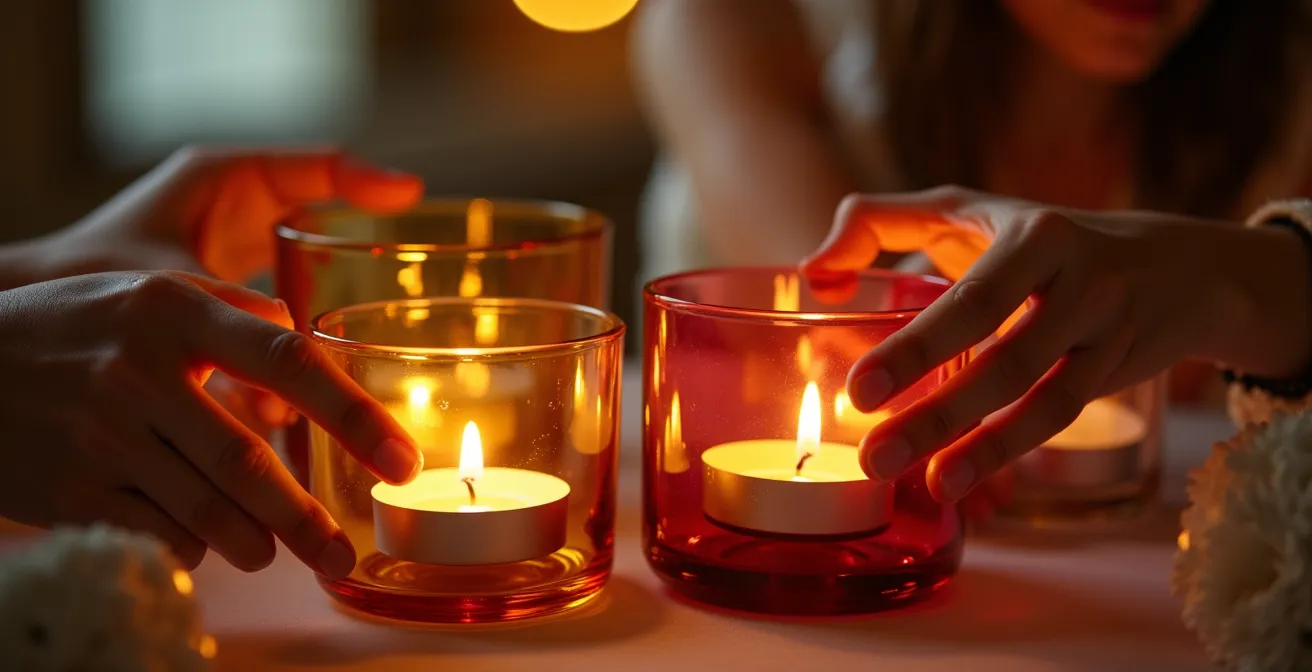 Vases en verre coloré utilisés comme photophores avec bougies créant une ambiance chaleureuse