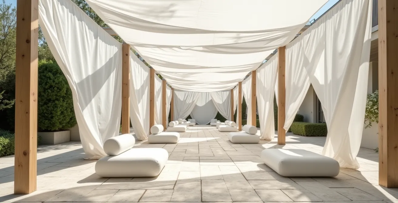 Installation de voilages créant des zones d'ombre élégantes pour un mariage