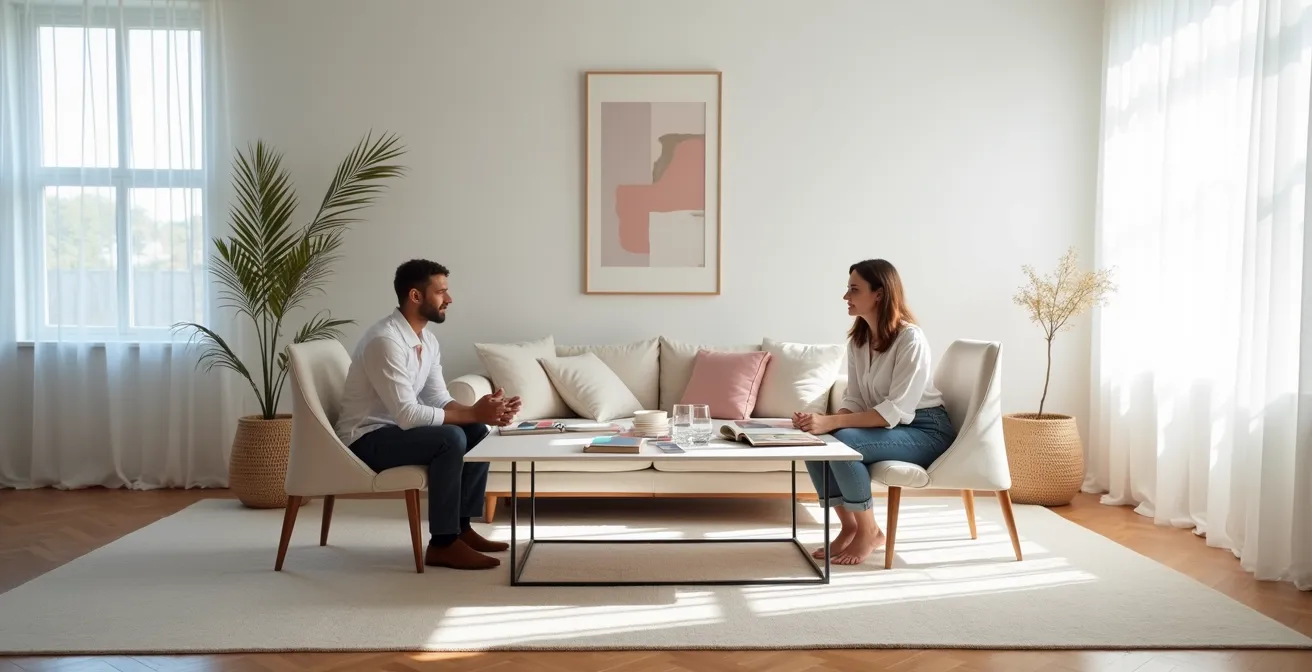 Consultation avec une wedding planner montrant des échantillons de tissus à un couple