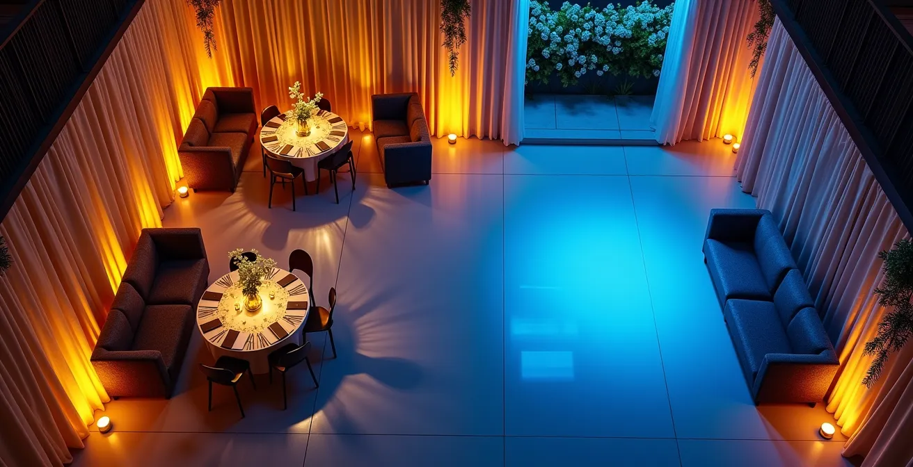 Plan aérien d'une salle de mariage montrant trois zones distinctes avec mobilier et éclairage différenciés