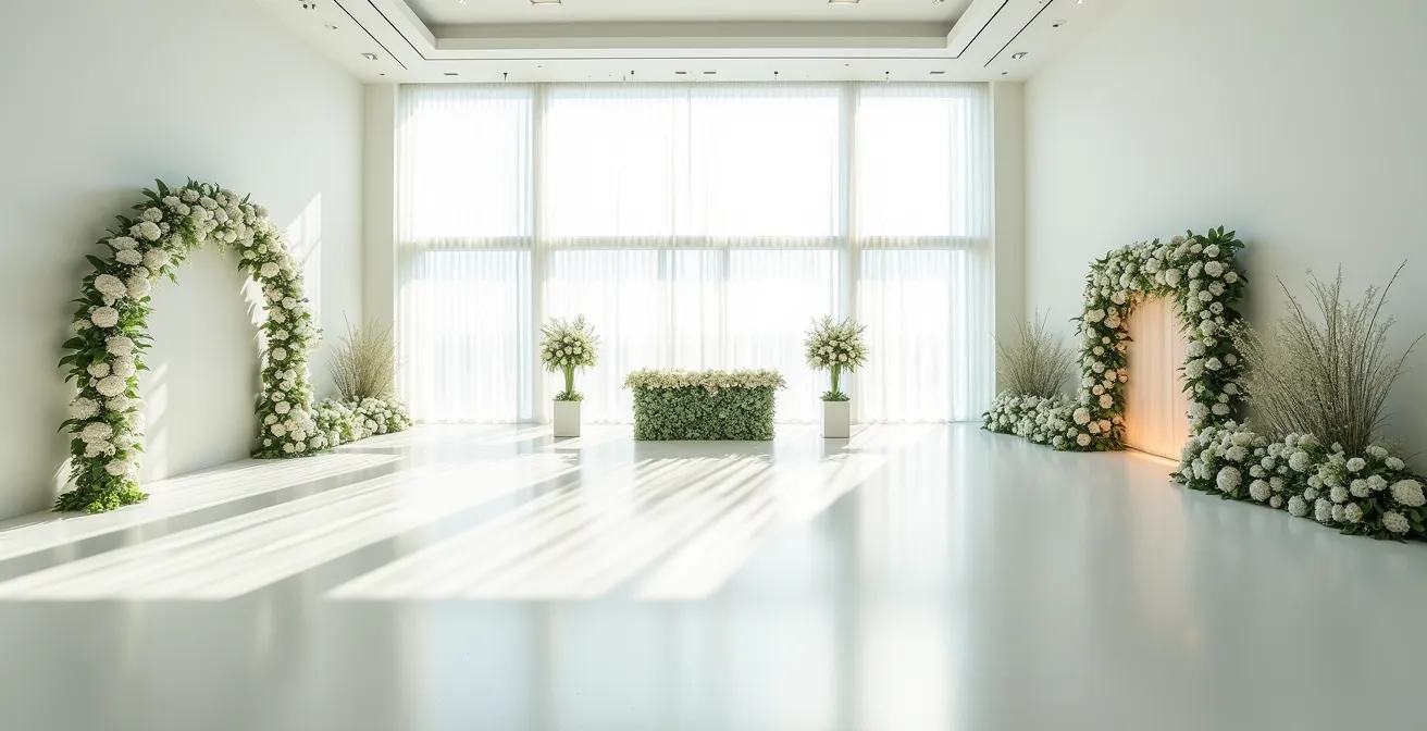 Vue d'ensemble d'une salle de réception avec trois îlots de décoration florale dense créant des points focaux