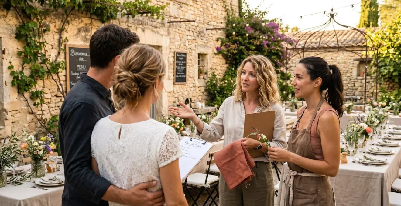 Un couple vu de dos discute avec des professionnels de l'événementiel devant des tables dressées dans un mas provençal baigné de lumière dorée