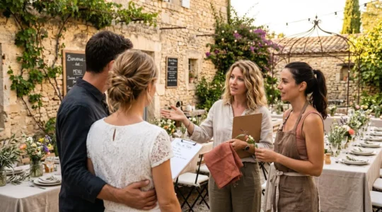 Un couple vu de dos discute avec des professionnels de l'événementiel devant des tables dressées dans un mas provençal baigné de lumière dorée