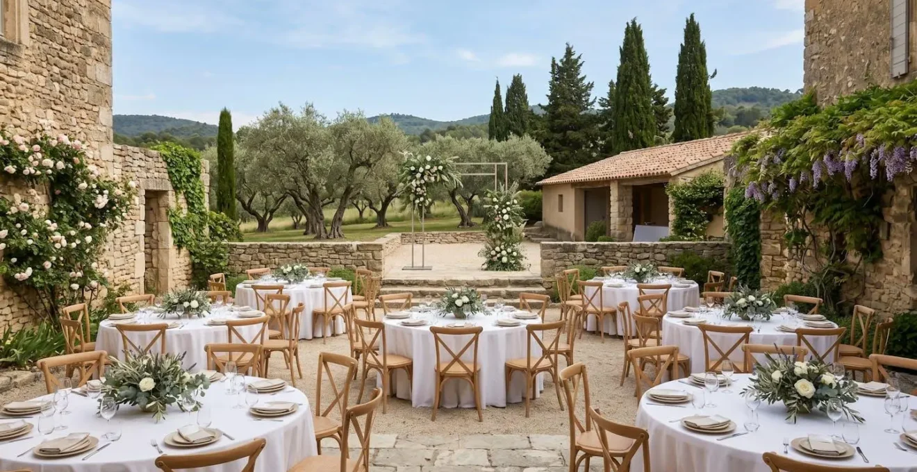 Cour intérieure d'un mas provençal avec tables rondes dressées, arche de cérémonie et végétation méditerranéenne sous une lumière naturelle zénithale