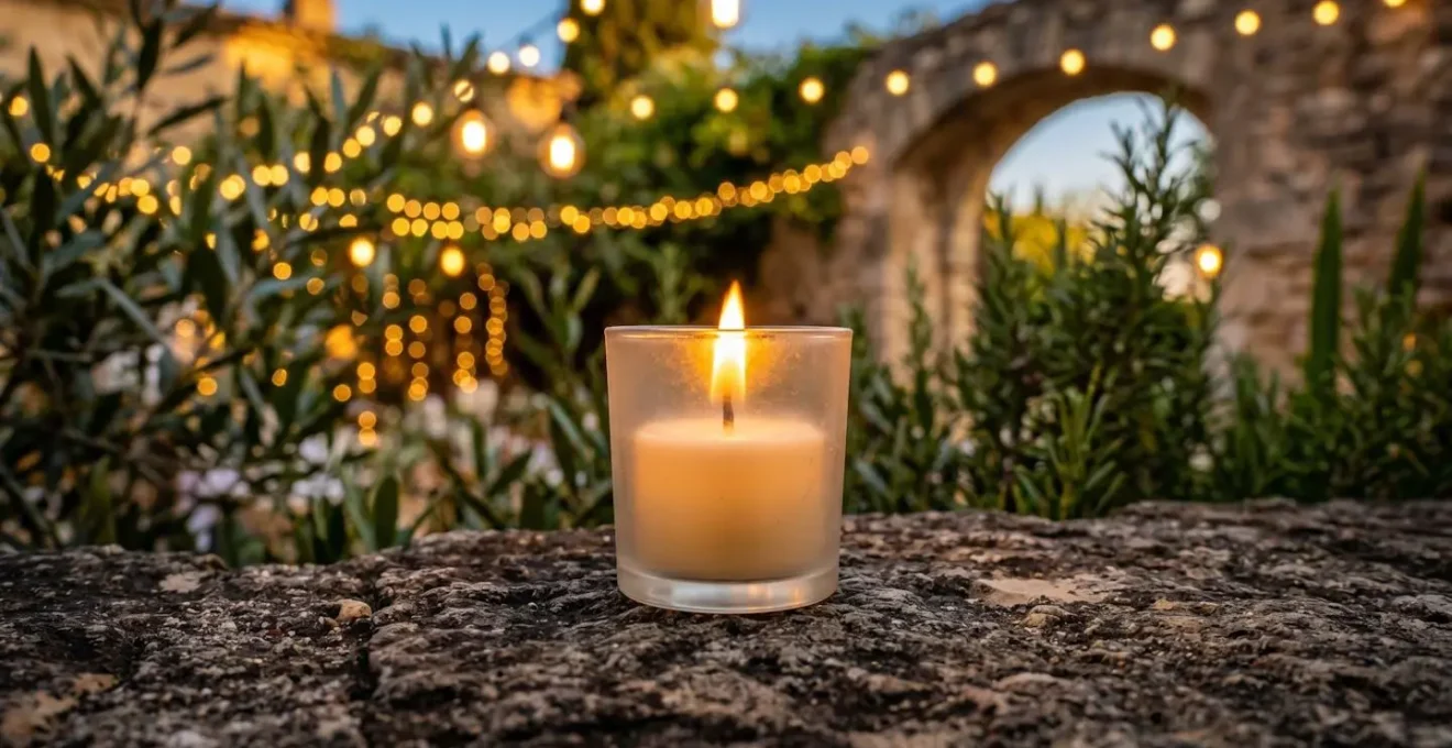 Gros plan sur des guirlandes lumineuses suspendues et des lanternes posées sur une surface en pierre avec un arrière-plan flouté de végétation provençale