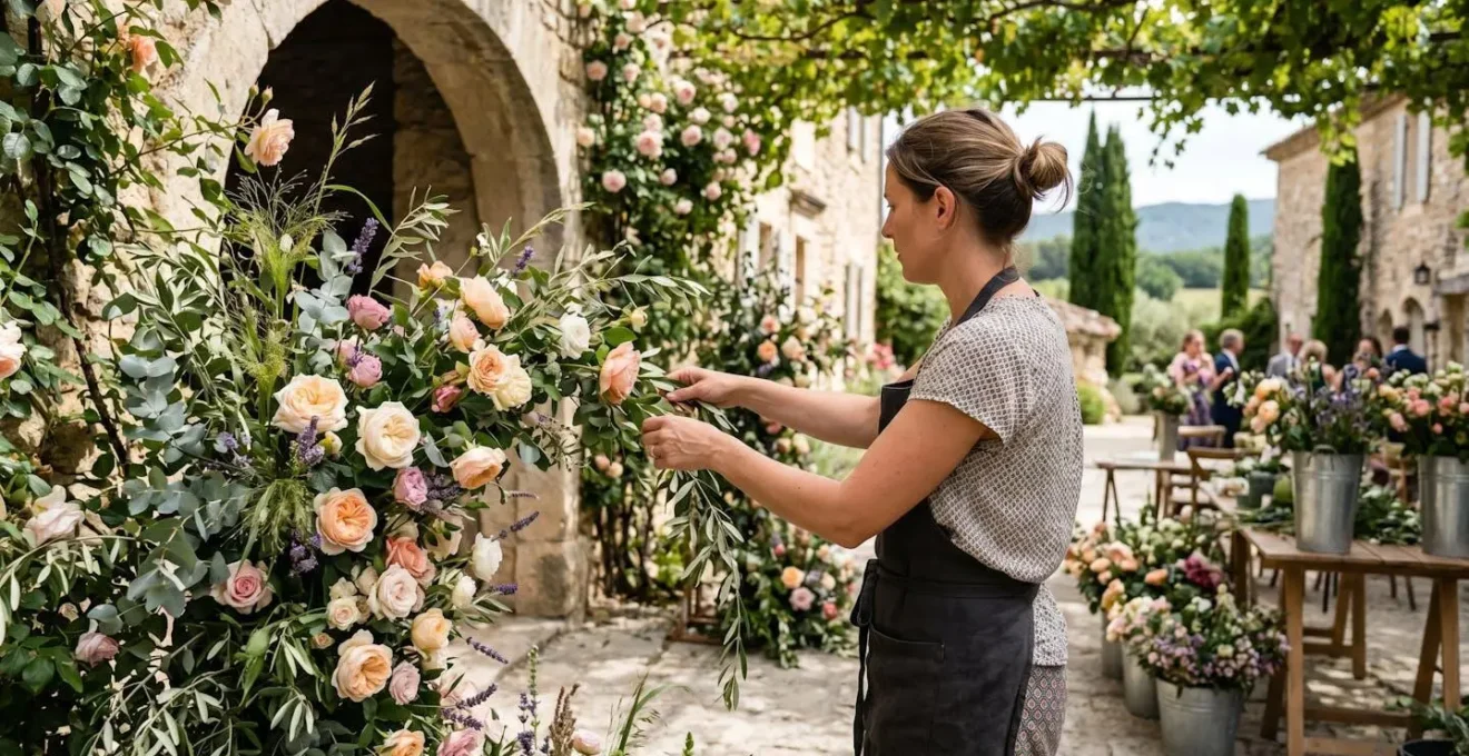 Professionnel de l'événementiel vu de dos ajustant une composition florale dans un mas provençal sous lumière naturelle
